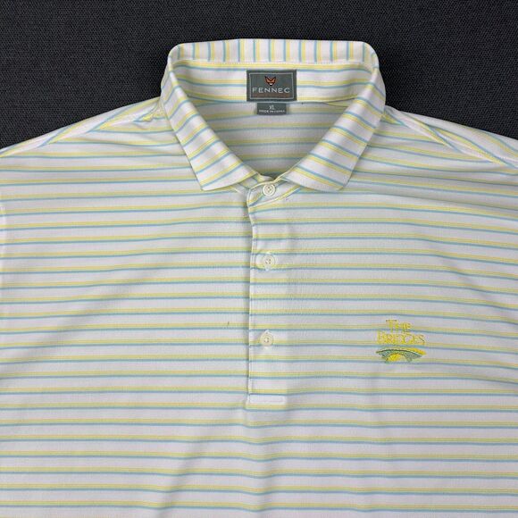 Fennec Polo Shirt Mens XL White Yellow Blue Striped Golf The Bridges Golf Club - Picture 2 of 8